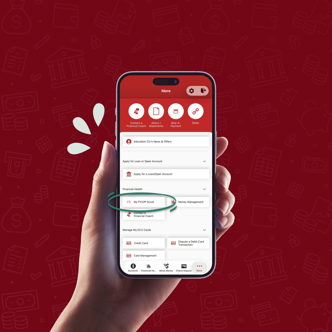 My FICO Score ECU App mockup highlighting the MyFICO Score feature