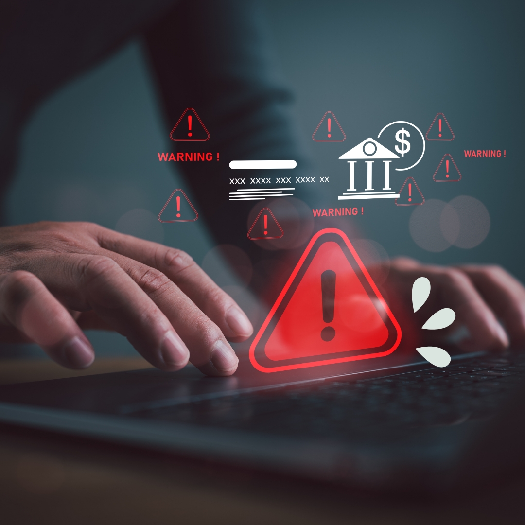 Annual Credit Report and Credit Bureaus Man typing on laptop with holo red alert icons